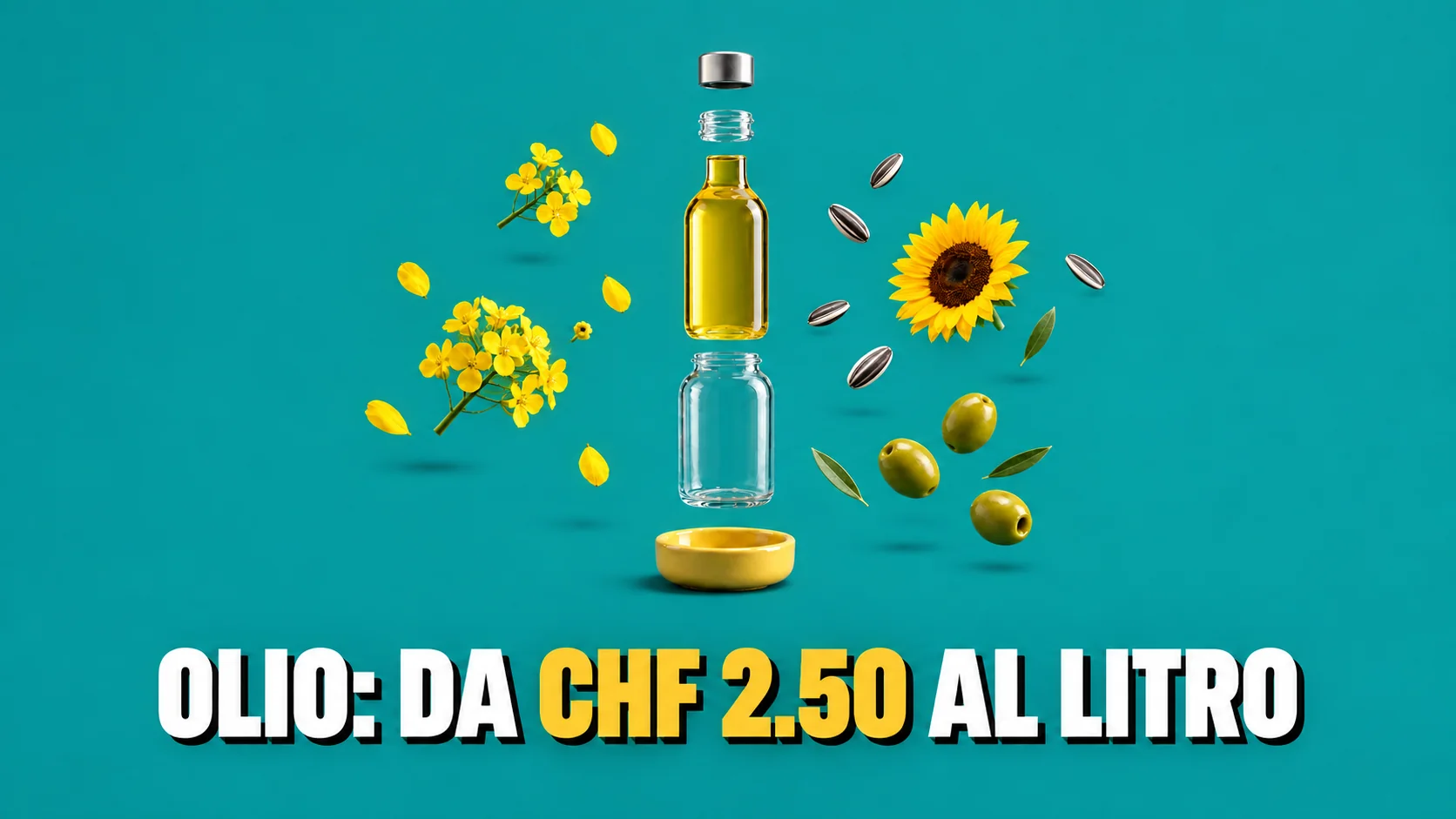 Bottiglia d’olio scomposta a strati con il cilindro d’olio sospeso a mezz’aria