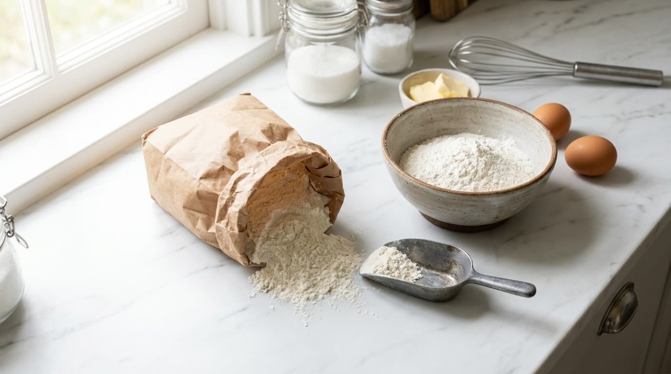 Cheapest flour in Switzerland: an open bag of white flour with a scoop, a bowl of flour and baking ingredients on a bright counter