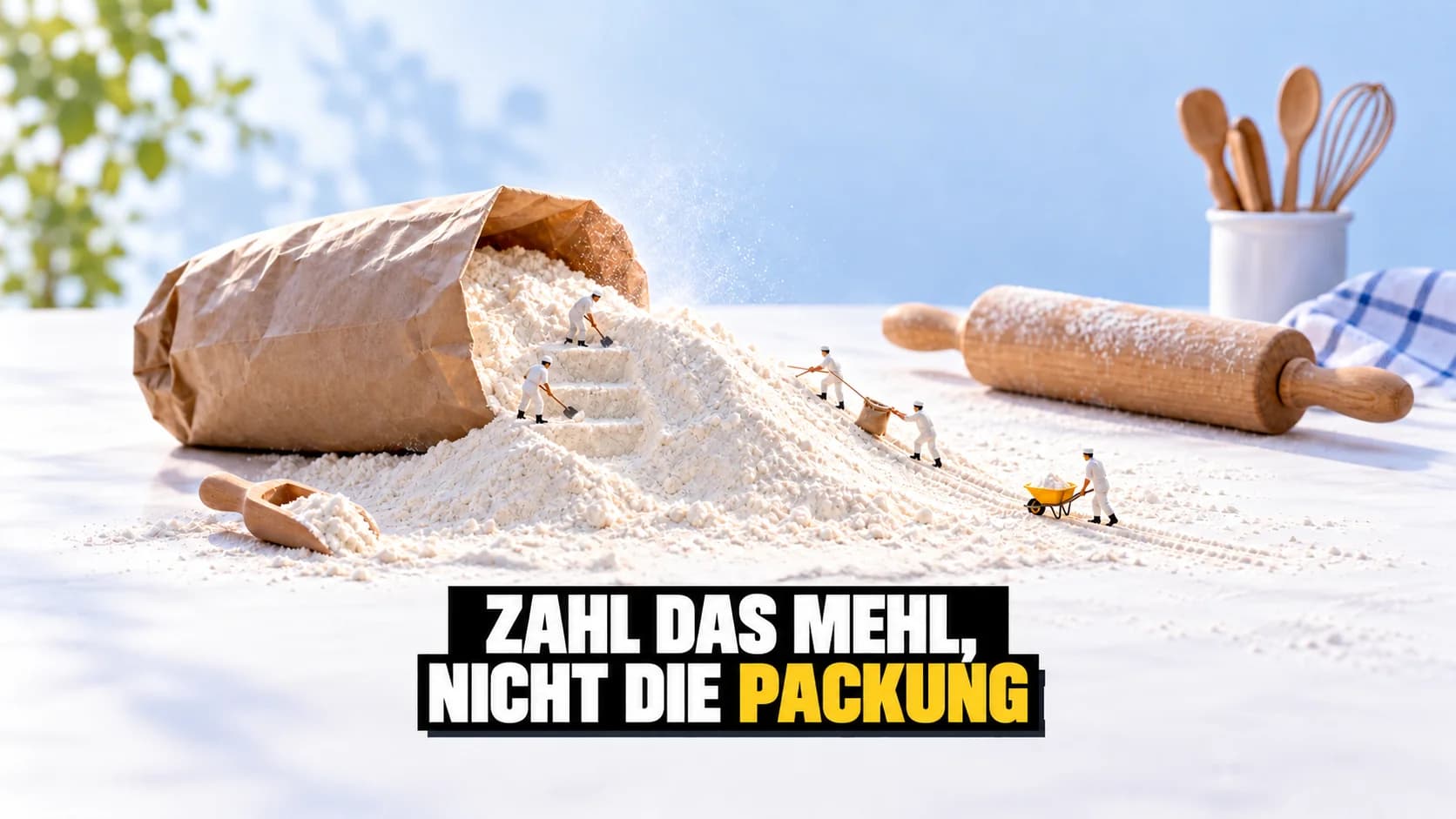 Miniaturszene: winzige Bäcker graben eine Mehldüne ab, die aus einem umgekippten Papiersack gerutscht ist, daneben ein gelber Schubkarren.