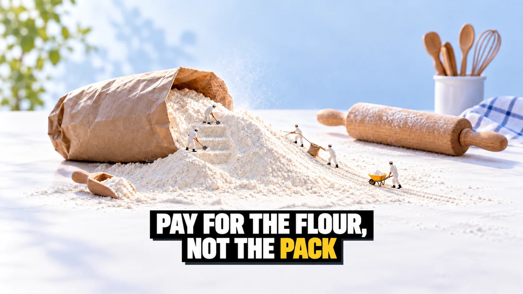 Miniature scene: tiny bakers quarry a dune of flour spilled from a tipped paper sack, with a yellow wheelbarrow on a path.