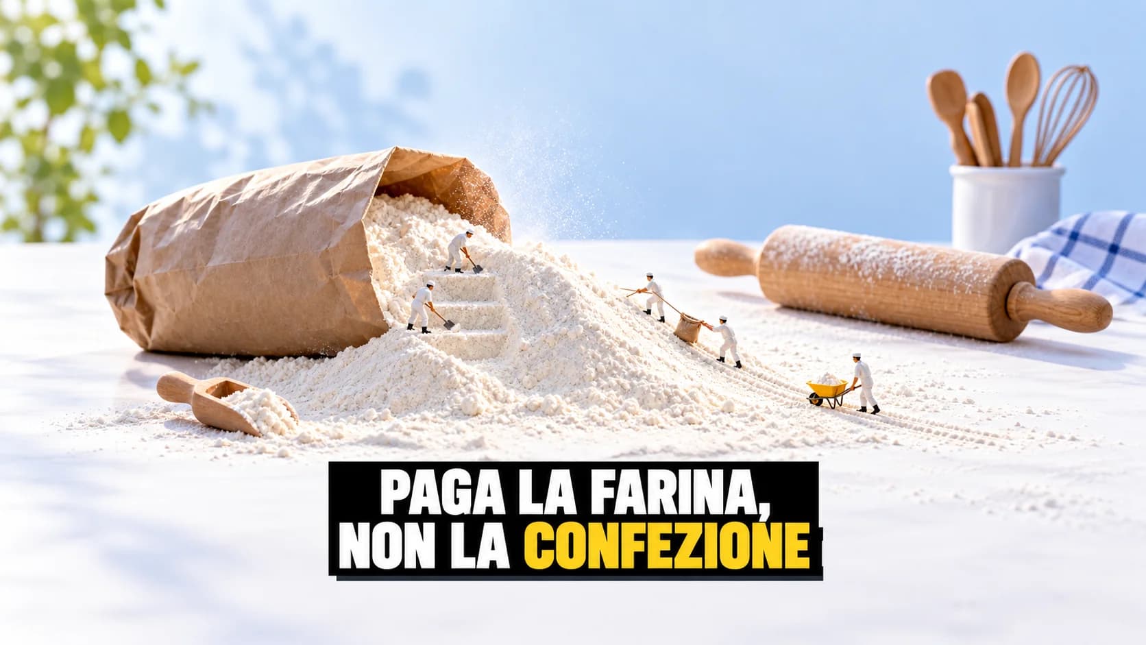 Scena in miniatura: minuscoli fornai scavano una duna di farina uscita da un sacco di carta rovesciato, con una carriola gialla su un sentiero.