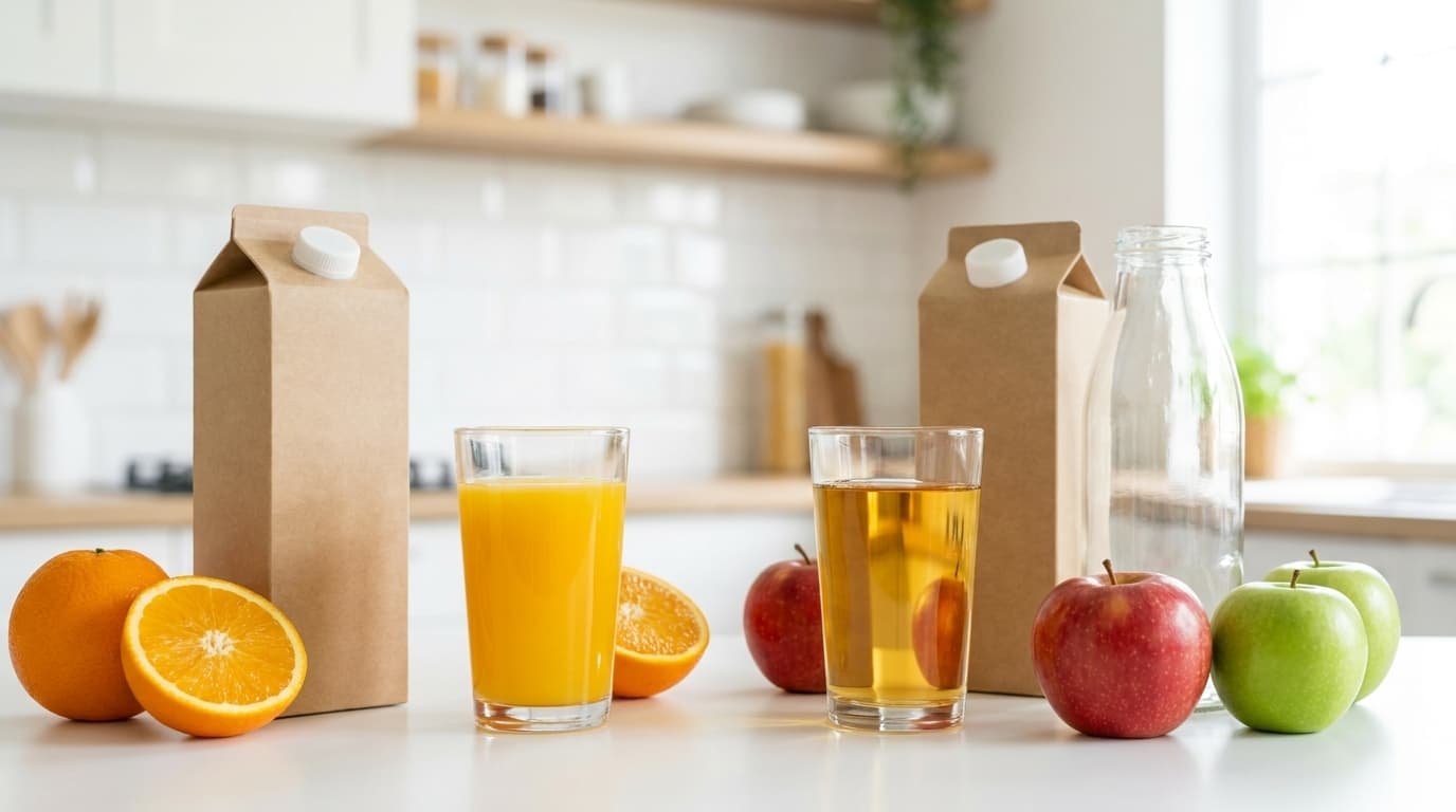 Glasses of fresh orange and apple juice with plain juice cartons and whole fruit on a bright counter, illustrating where fruit juice is cheapest in Switzerland