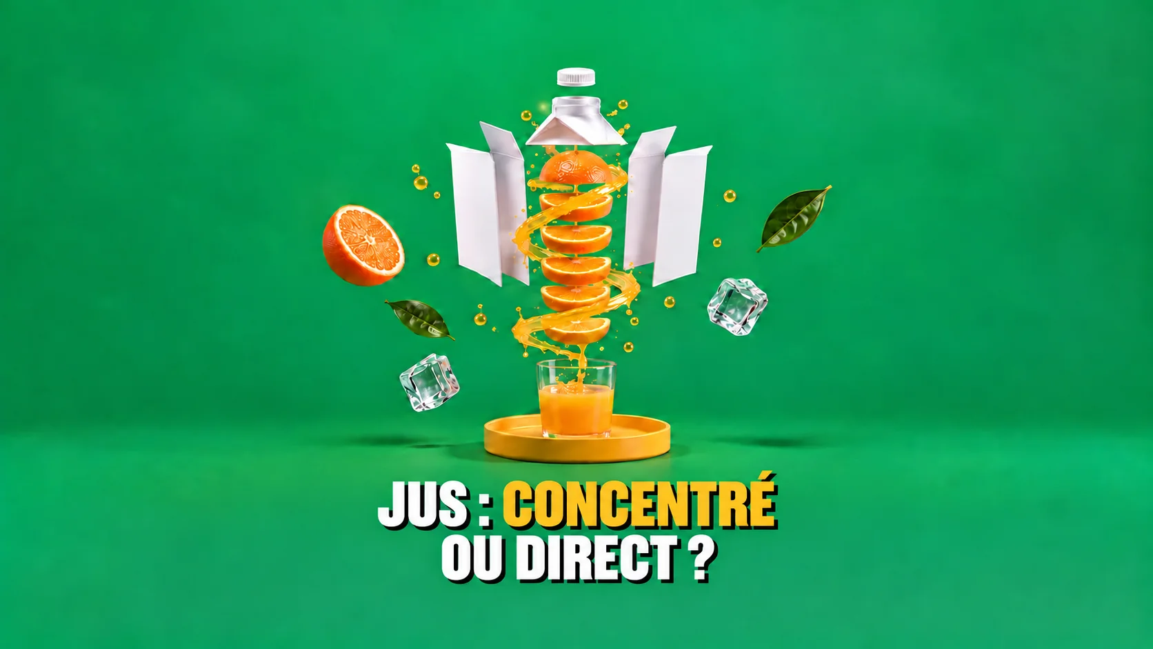 Vue éclatée sur fond vert : une brique de jus blanche s’ouvre en panneaux vierges au-dessus d’une colonne de tranches d’orange et d’un plateau jaune.