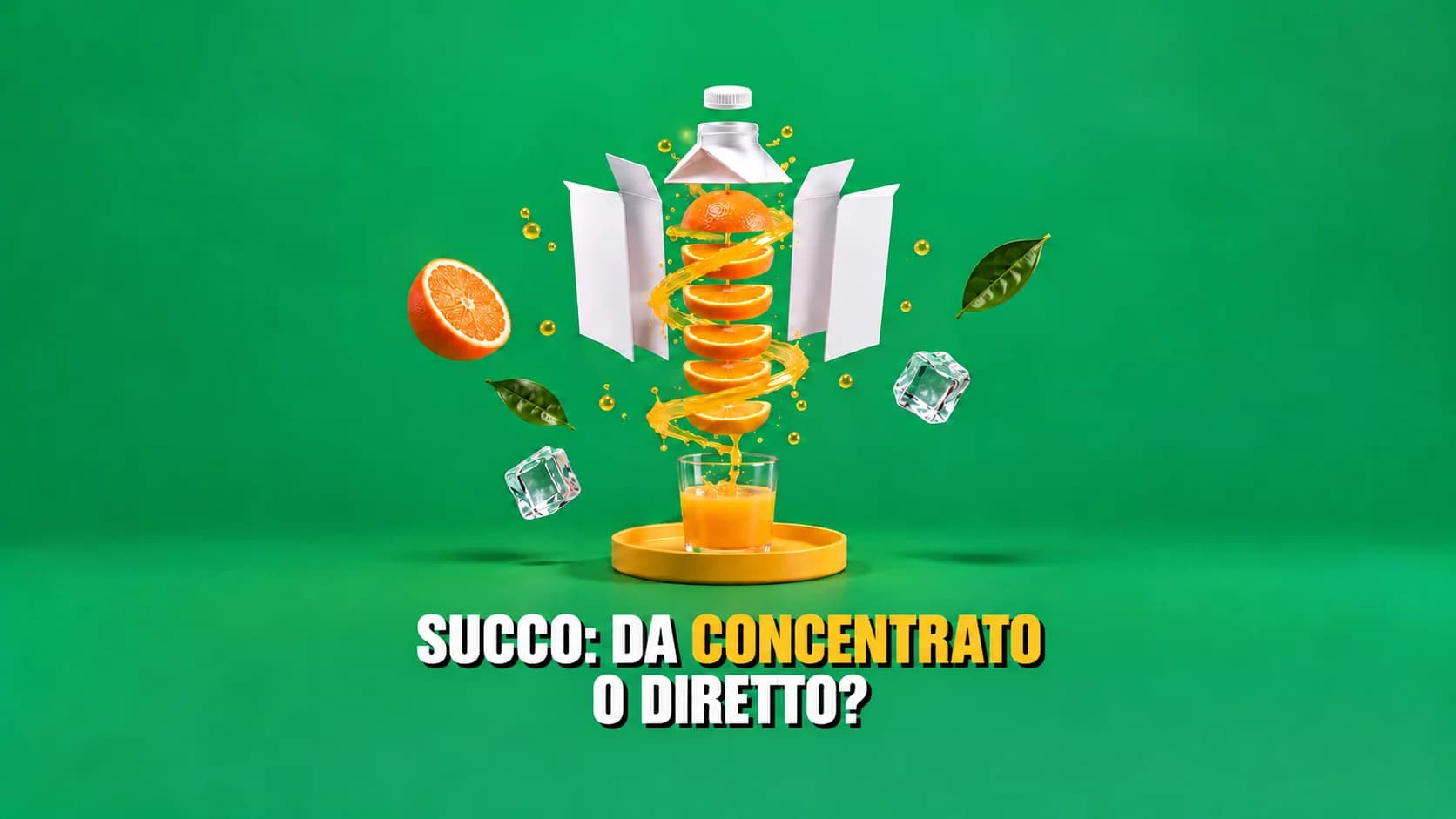Vista esplosa su fondo verde: un cartone di succo bianco si apre in pannelli vuoti sopra una colonna di fette d’arancia e un vassoio giallo.