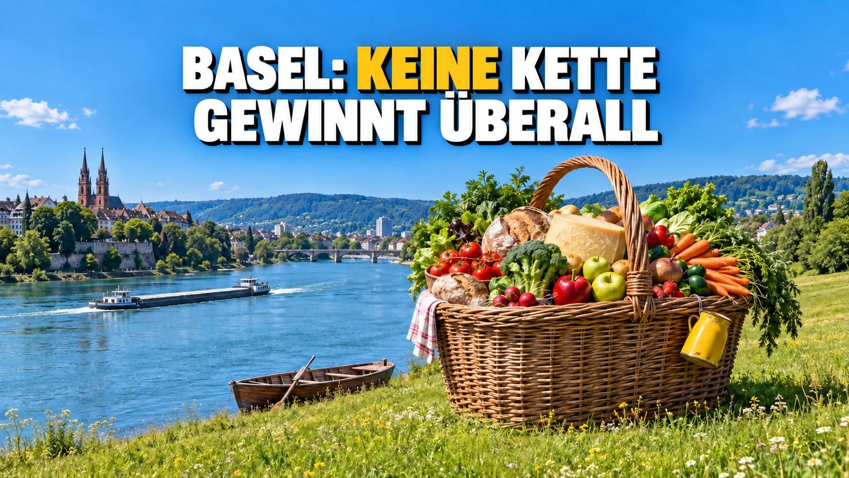 Riesiger Weidenkorb voller frischer Einkäufe auf einer Flusswiese, bewaldete Hügel am Horizont.