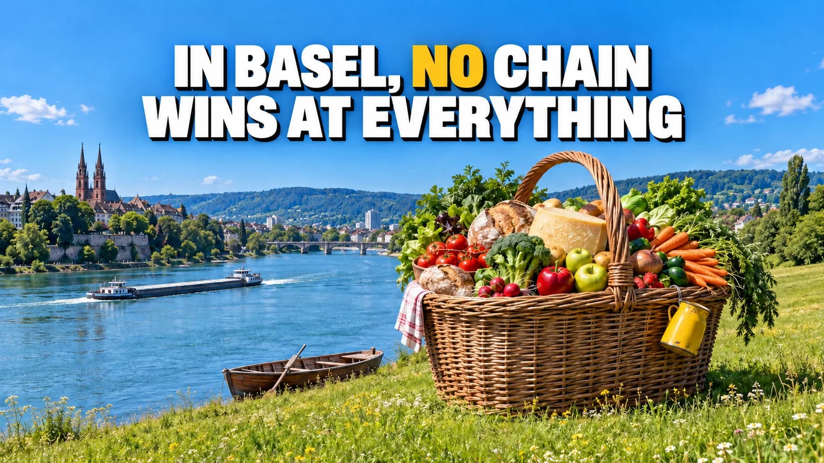 A huge wicker basket full of fresh groceries in a riverside meadow with wooded hills on the horizon.