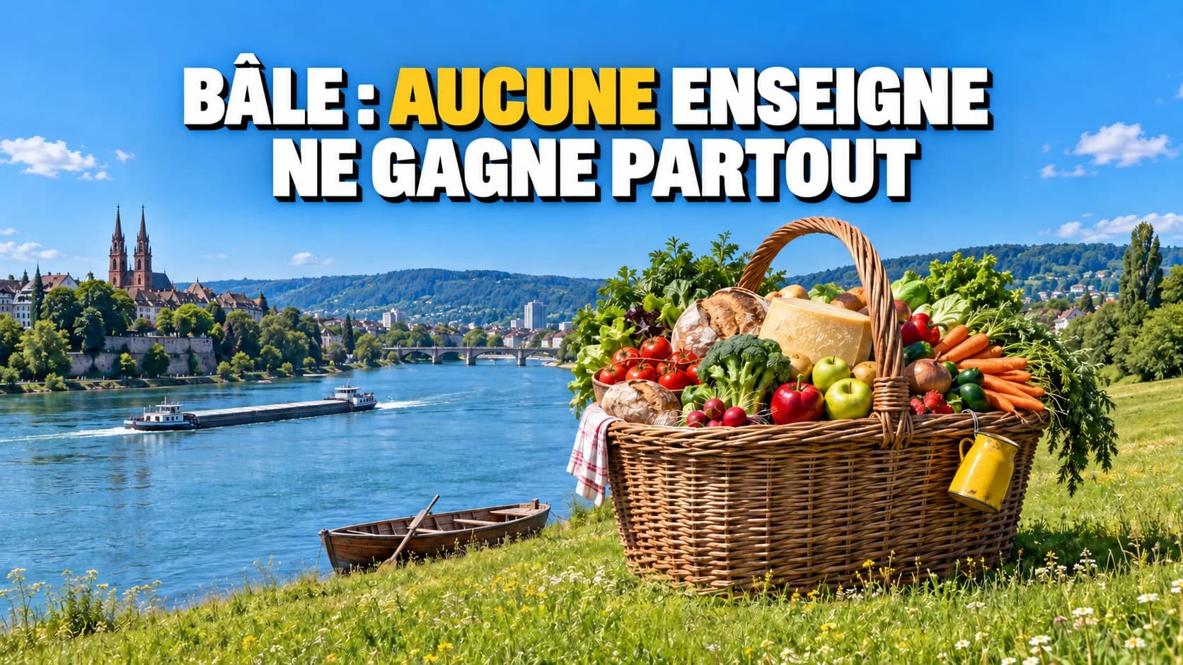 Immense panier en osier rempli de courses fraîches dans un pré au bord du fleuve, collines boisées à l’horizon.