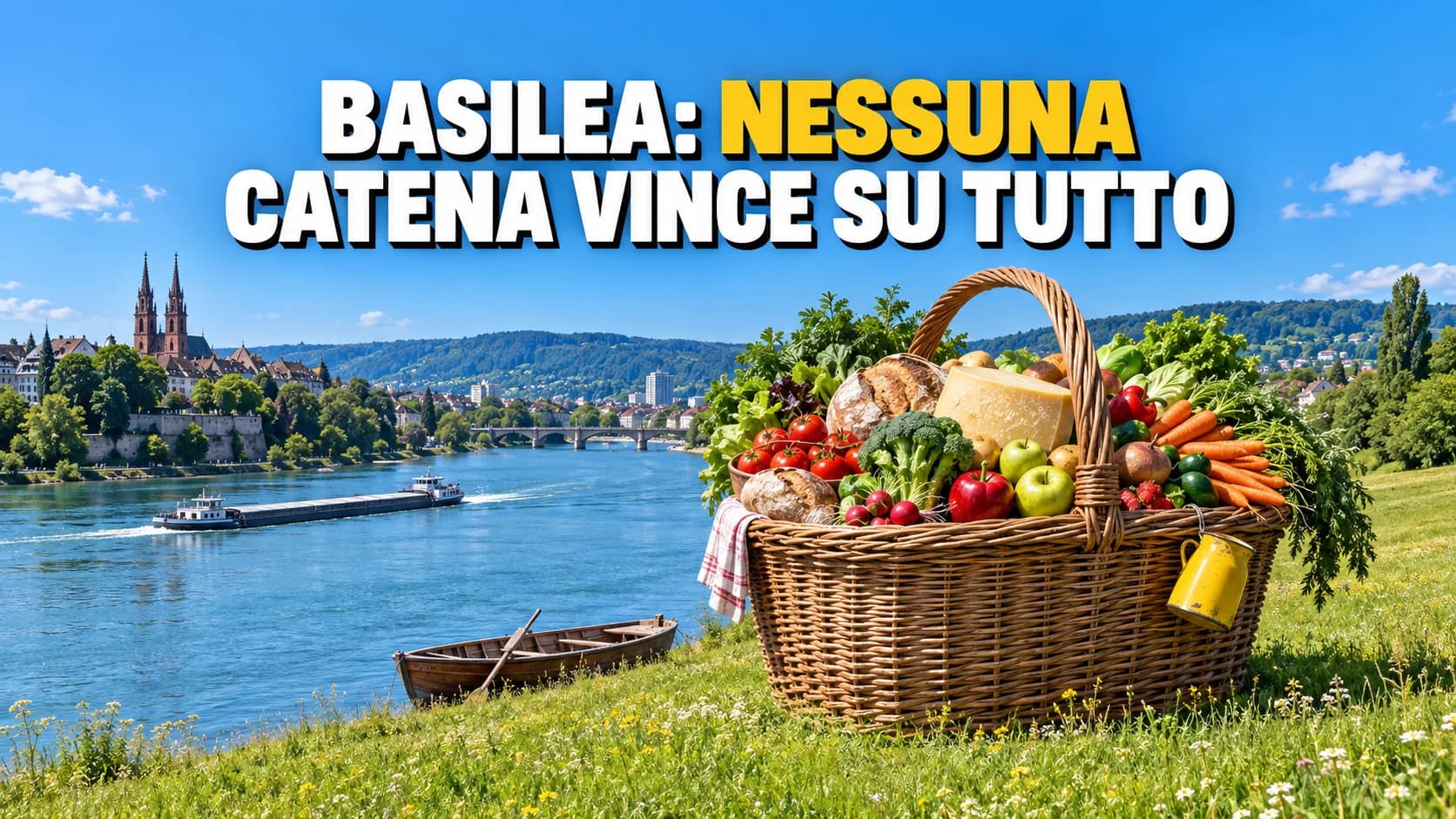 Enorme cesto di vimini colmo di spesa fresca in un prato lungo il fiume, colline boscose all’orizzonte.