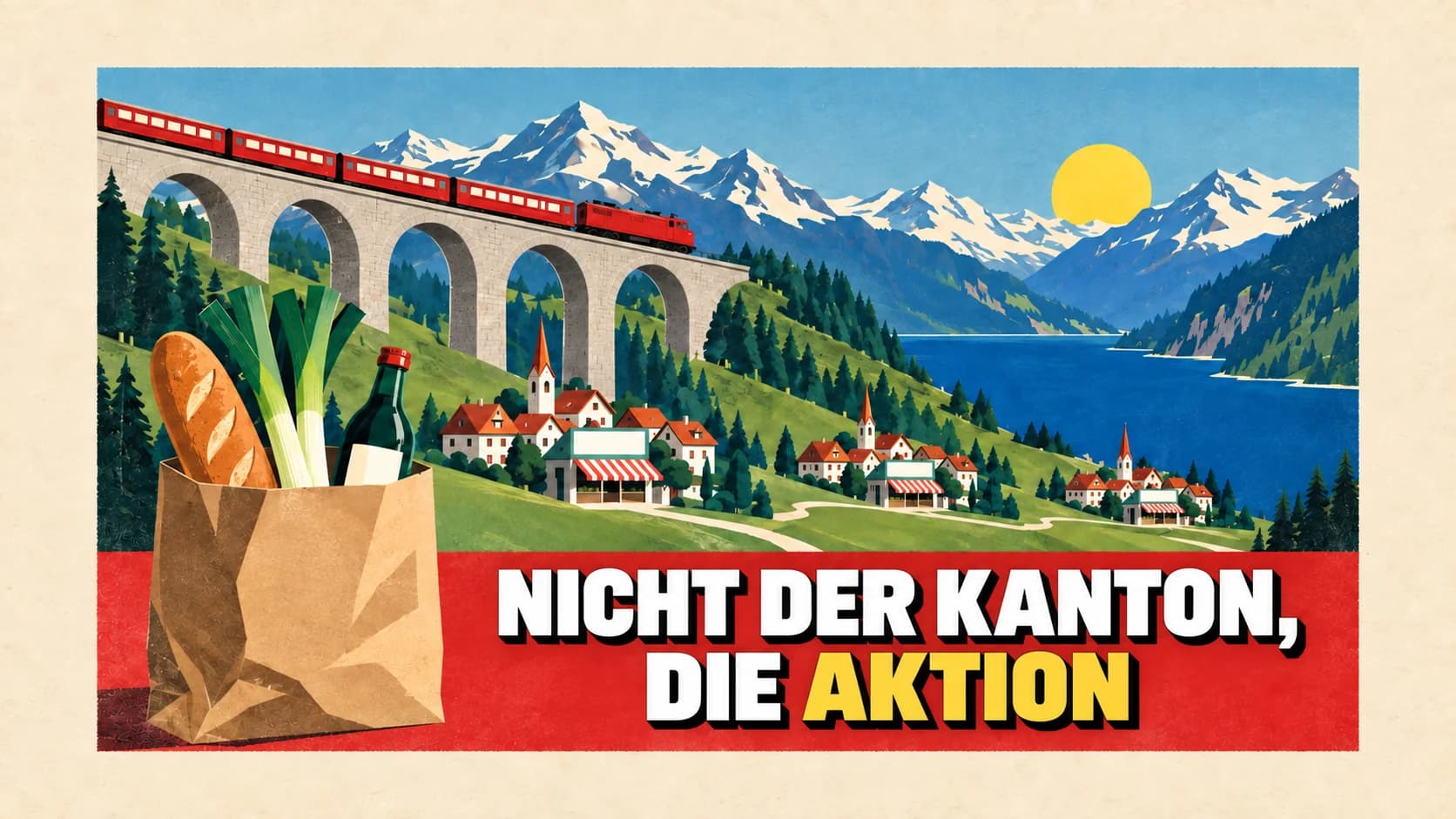 Lithografisches Plakat der 1930er-Jahre: roter Zug auf einem Viadukt, drei gleiche Dörfer im Tal und eine Einkaufstasche im Vordergrund.