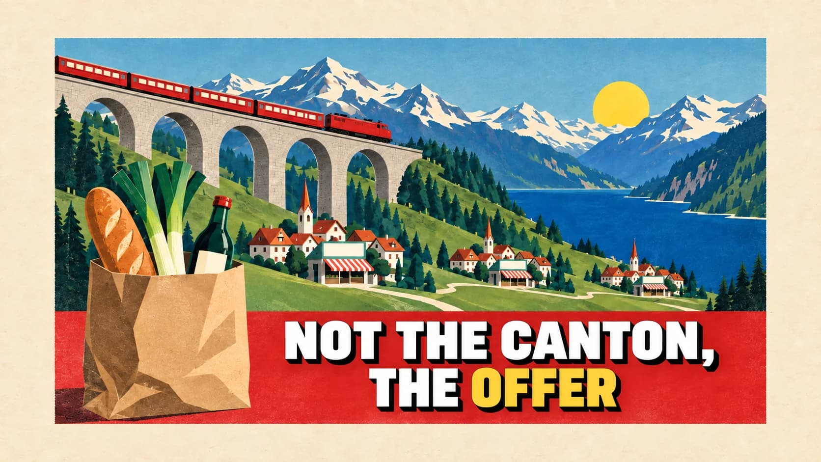 A 1930s lithograph poster with a red train on a viaduct, three identical villages in the valley and a grocery bag in the foreground.