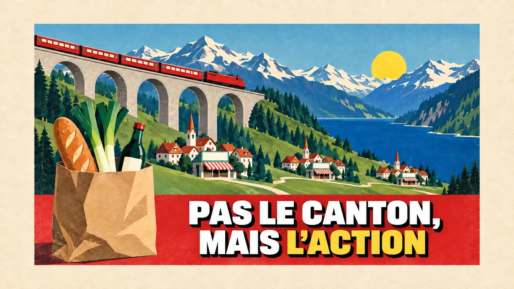Affiche lithographique des années 1930 : train rouge sur un viaduc, trois villages identiques dans la vallée et un sac de courses au premier plan.