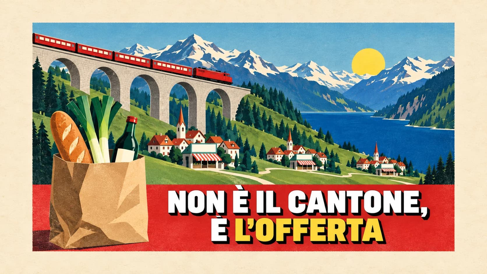 Manifesto litografico anni Trenta: treno rosso su un viadotto, tre villaggi identici nella valle e un sacchetto della spesa in primo piano.