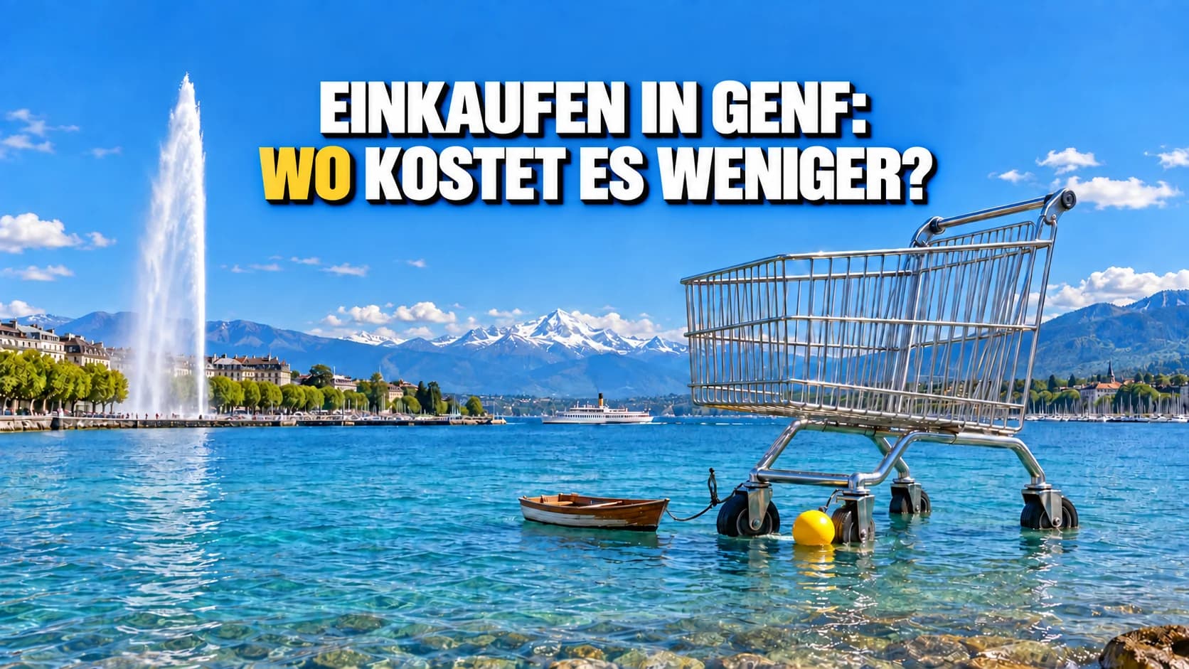 Riesiger Einkaufswagen im flachen Genfersee vor dem Jet d’eau.