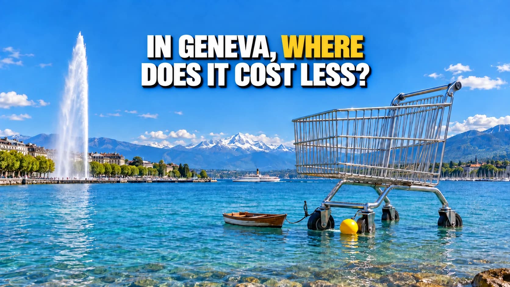 Giant shopping trolley in the shallows of Lake Geneva with the Jet d’Eau behind.