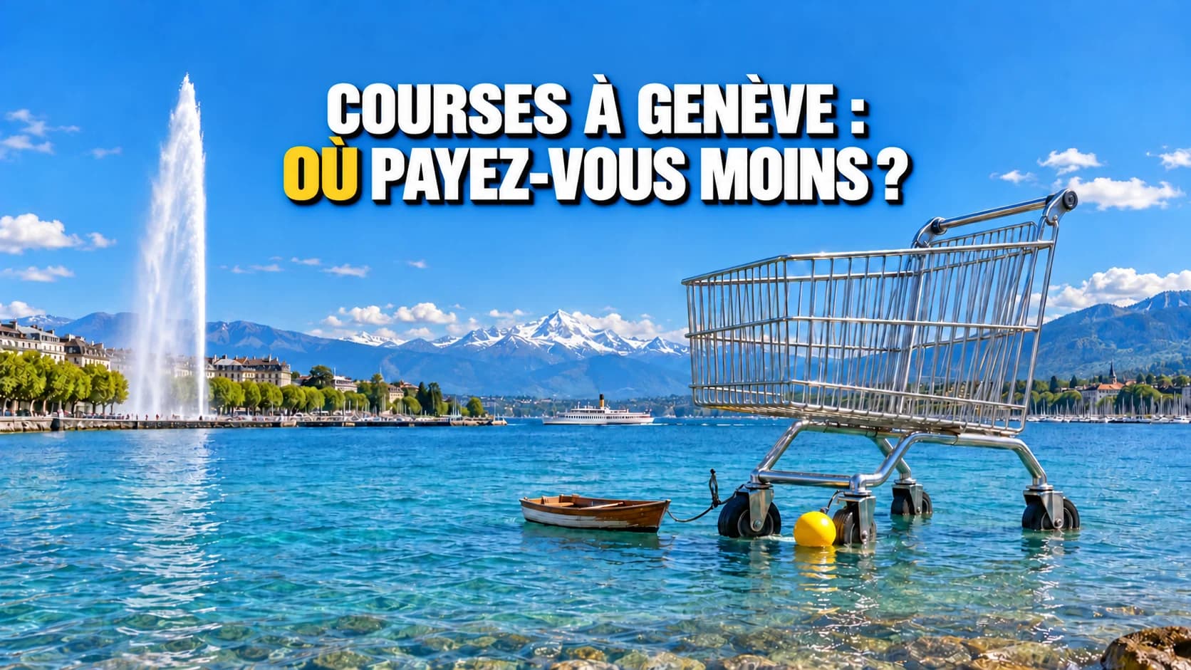 Chariot de courses géant dans les eaux peu profondes du Léman, devant le Jet d’eau.