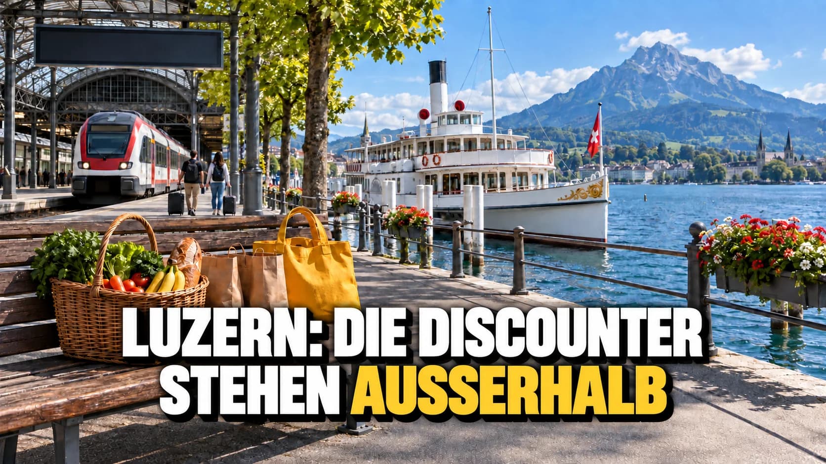 Seequai vor dem Bahnhof: angelegtes Schiff, Regionalzug, Berg dahinter und ein Einkaufskorb auf einer Bank.