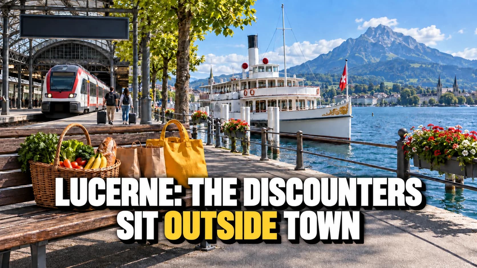 A lakeside quay by the station with a moored steamer, a regional train, a mountain behind and a shopping basket on a bench.
