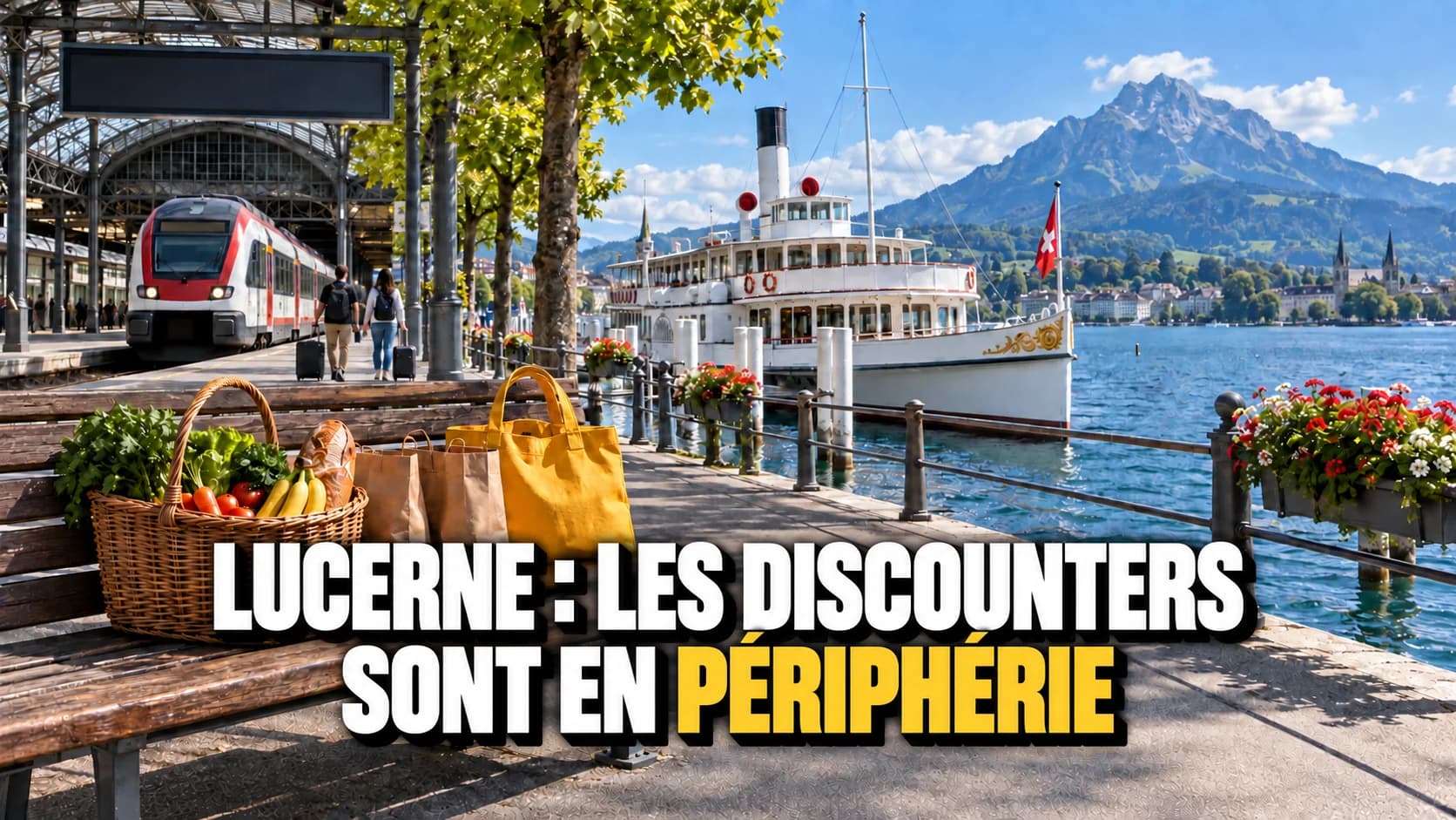 Quai du lac devant la gare : bateau amarré, train régional, montagne en arrière-plan et un panier à provisions sur un banc.