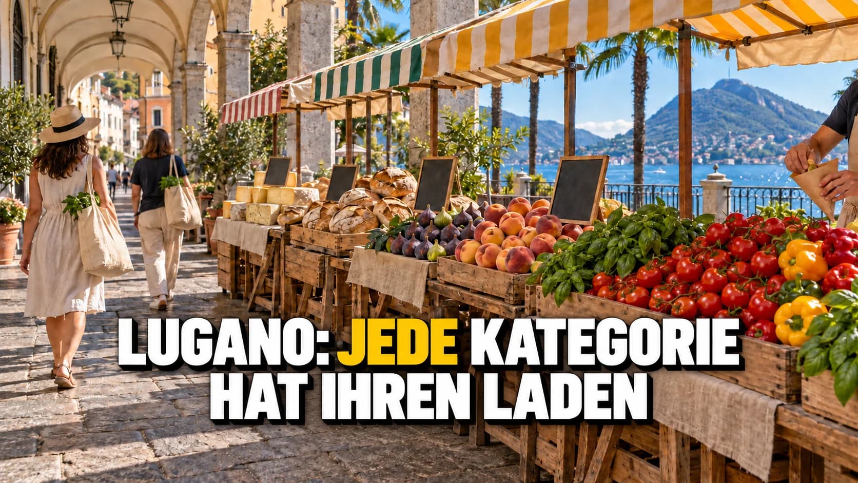 Markt unter den Arkaden eines Tessiner Platzes: Kisten mit Tomaten, Feigen, Brot und Käse, gestreifte Storen, hinten der See.