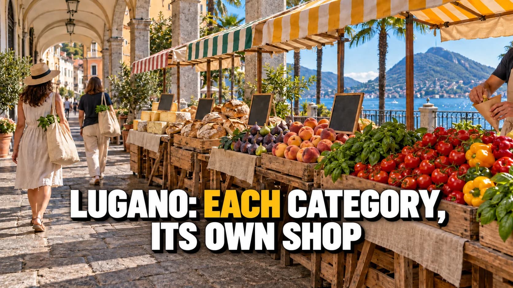 A market under the arcades of a southern Swiss square with crates of tomatoes, figs, bread and cheese and the lake beyond.