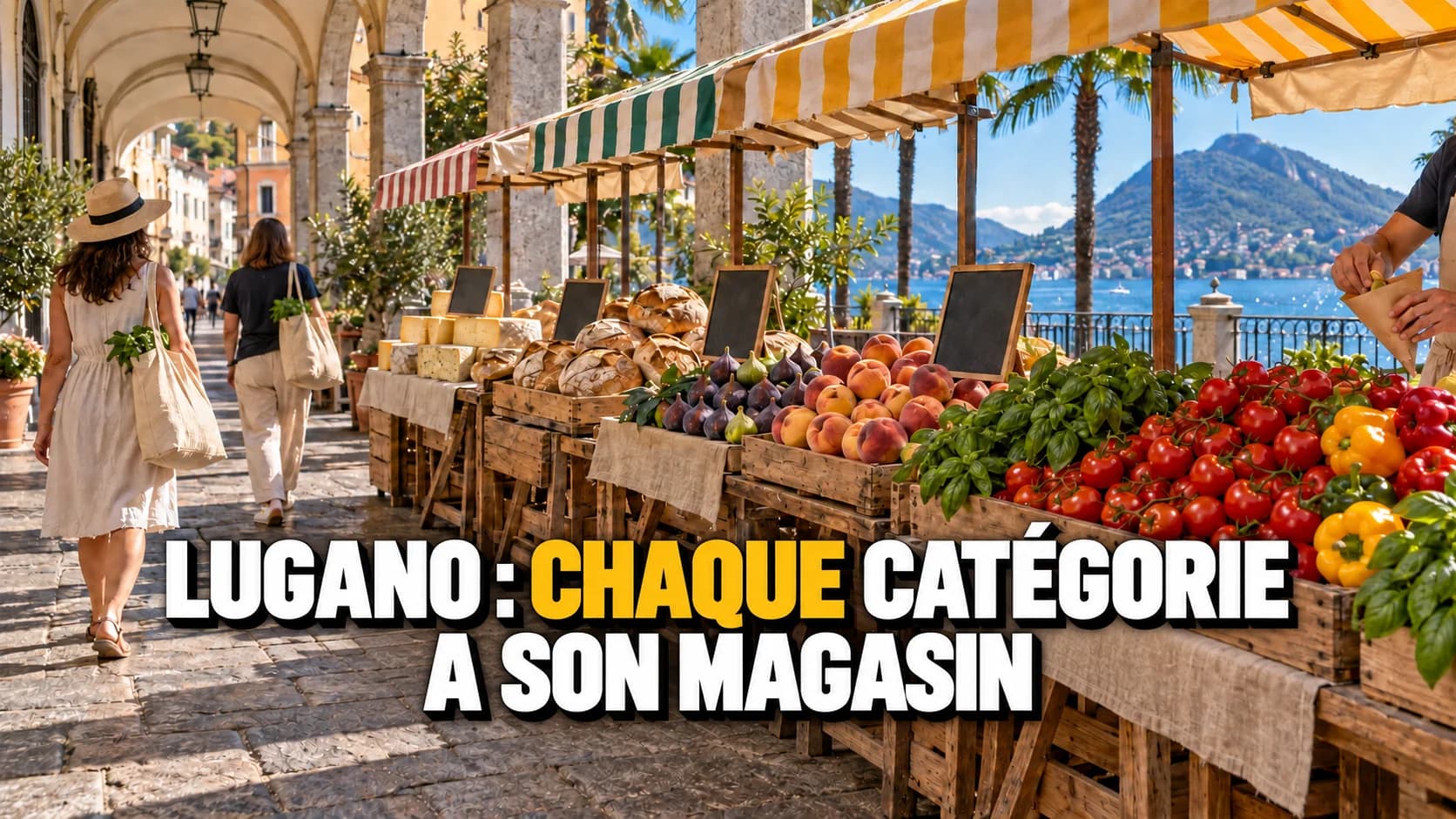 Marché sous les arcades d’une place tessinoise : cageots de tomates, figues, pain et fromage, stores rayés, le lac au fond.