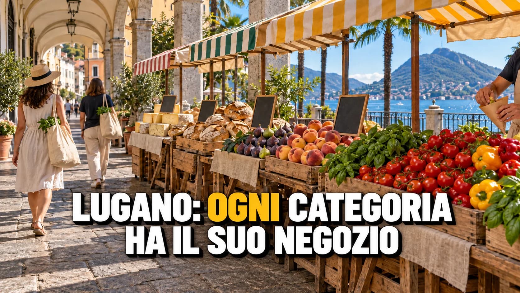 Mercato sotto i portici di una piazza ticinese: cassette di pomodori, fichi, pane e formaggio, tende a righe e il lago in fondo.