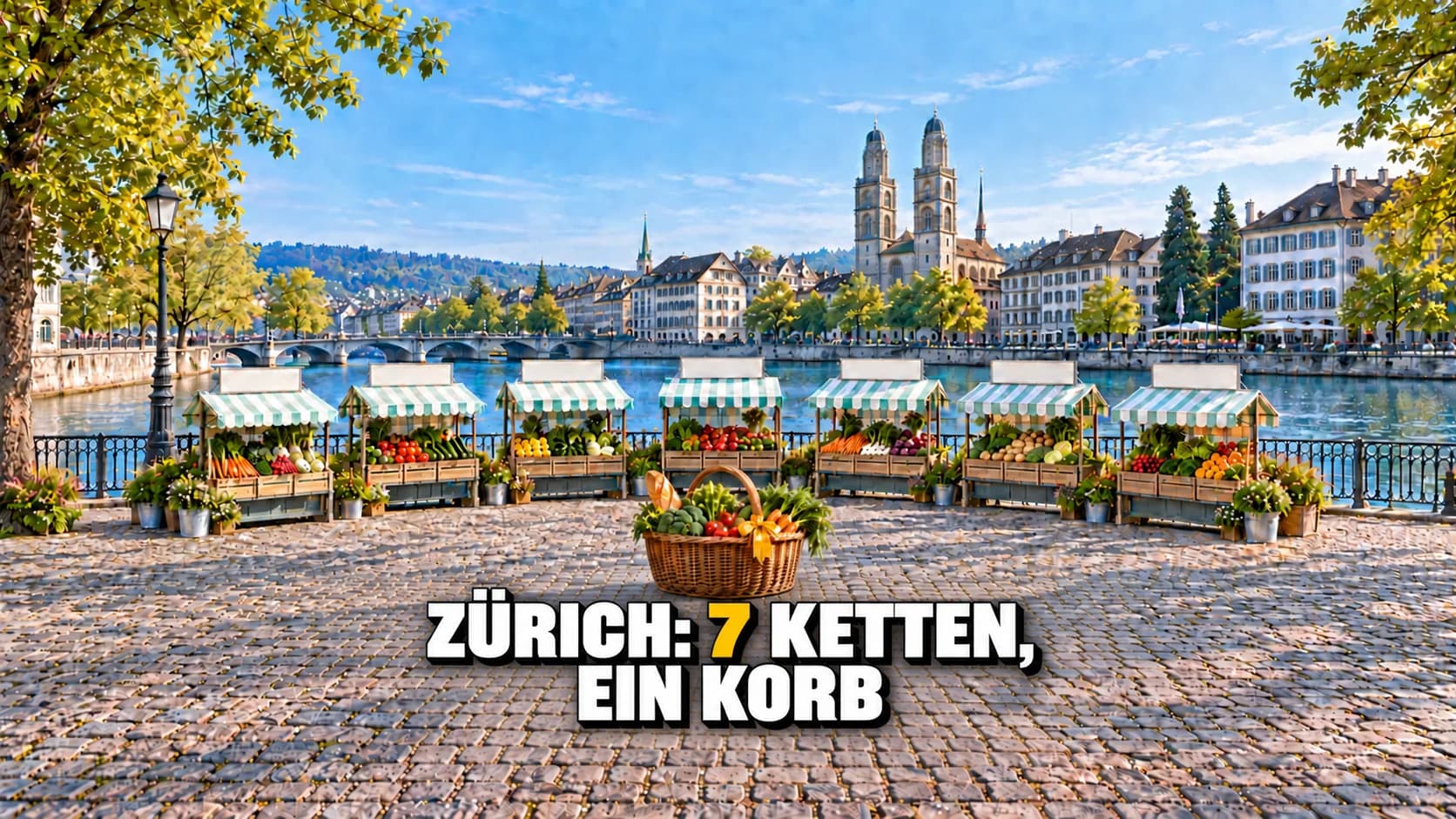 Sieben neutrale Marktstände auf einem sonnigen Zürcher Markt.