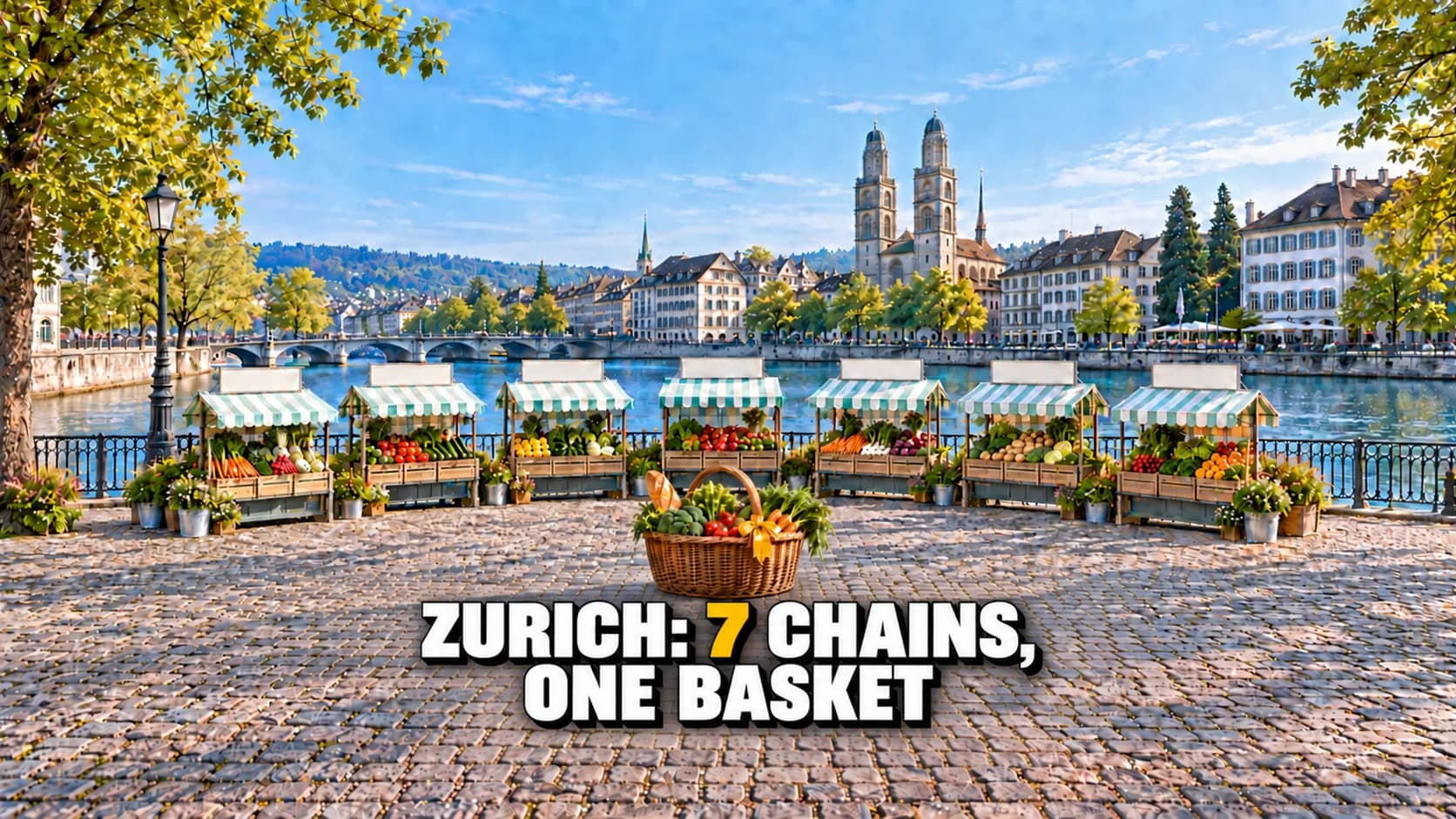 Seven unbranded stalls at a sunny Zurich market.