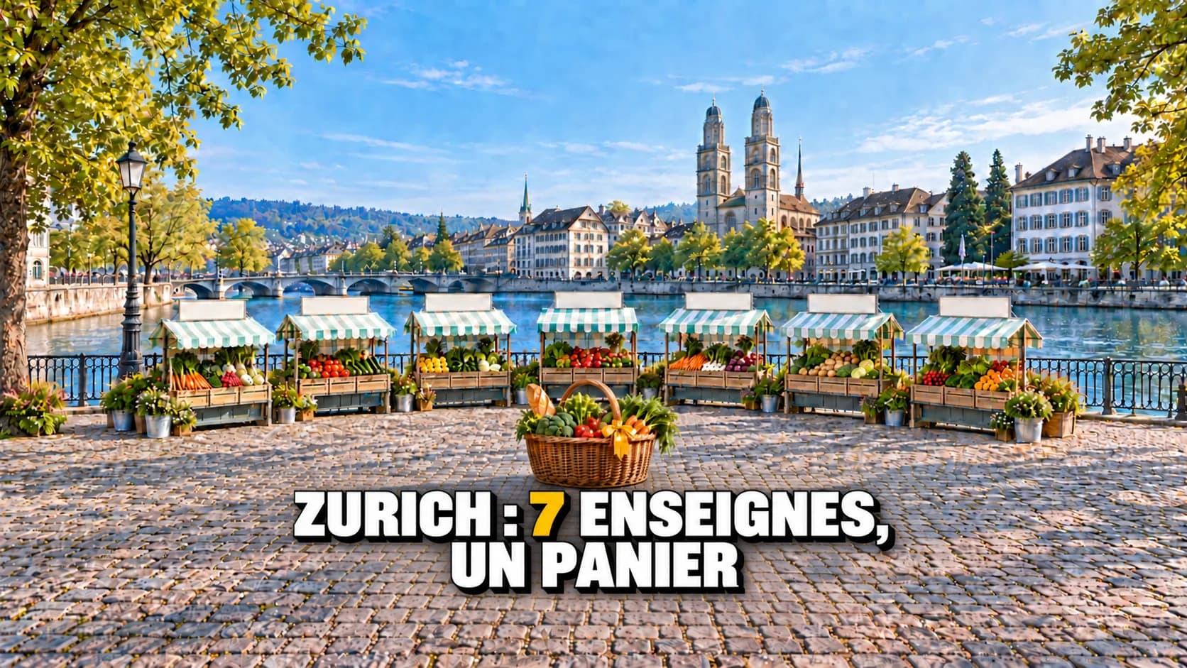 Sept étals sans marque sur un marché ensoleillé de Zurich.