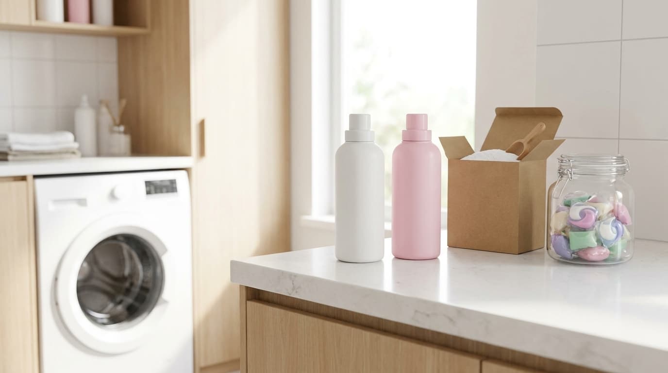 Lessive la moins chère de Suisse : bidons de lessive sans marque, une boîte de poudre et un contenant de capsules à côté d'un lave-linge