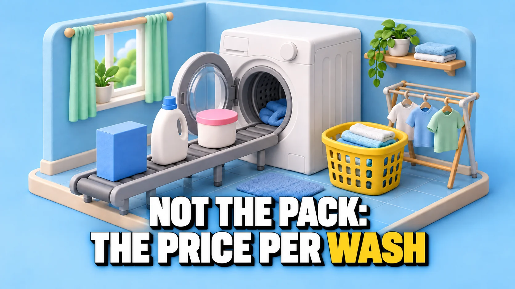 Clay laundry-room diorama with a washing machine and three unlabelled detergent containers.