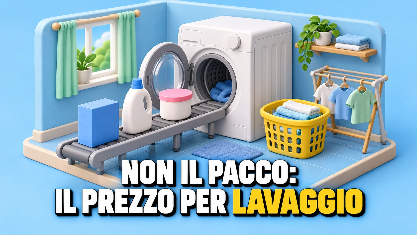 Diorama isometrico in argilla di una lavanderia con tre contenitori di detersivo neutri che entrano nella lavatrice