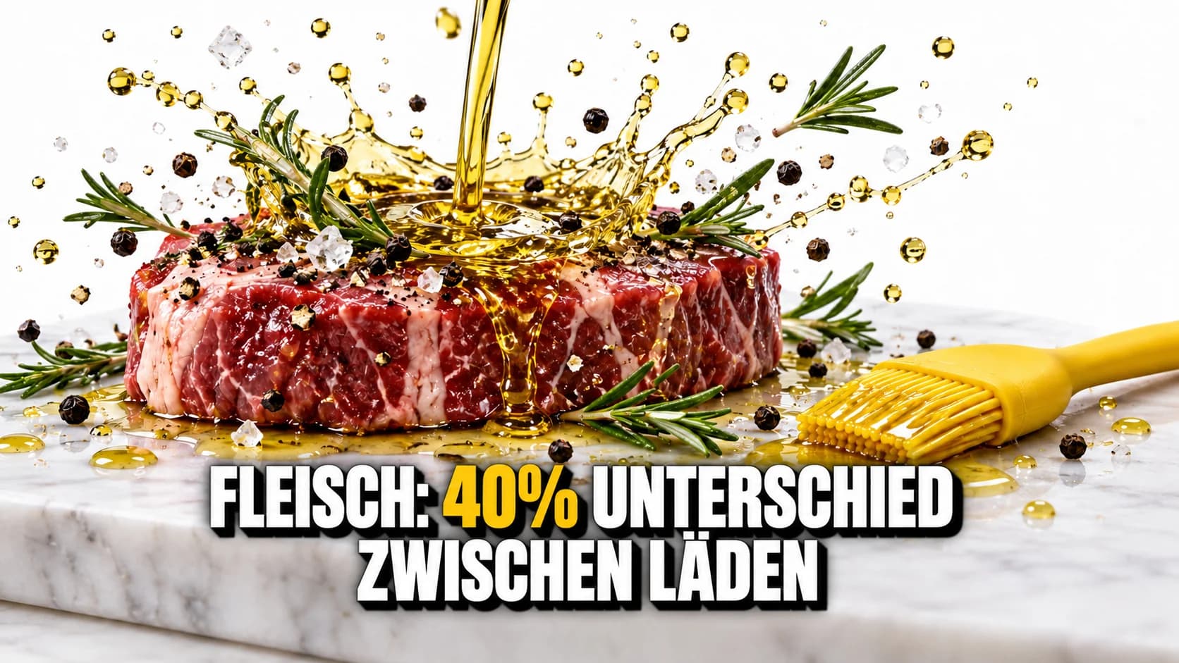 Rohes Steak auf weissem Marmor mit spritzendem Öl, Rosmarin und Pfeffer.
