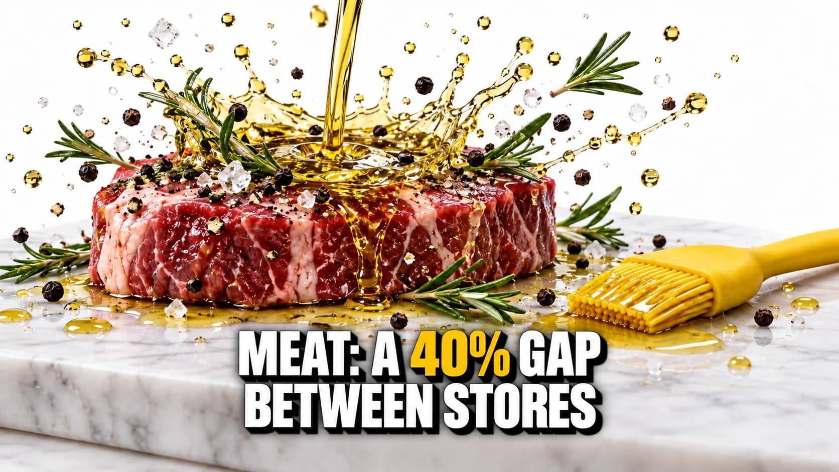 Raw steak on white marble with splashing oil, rosemary and pepper.