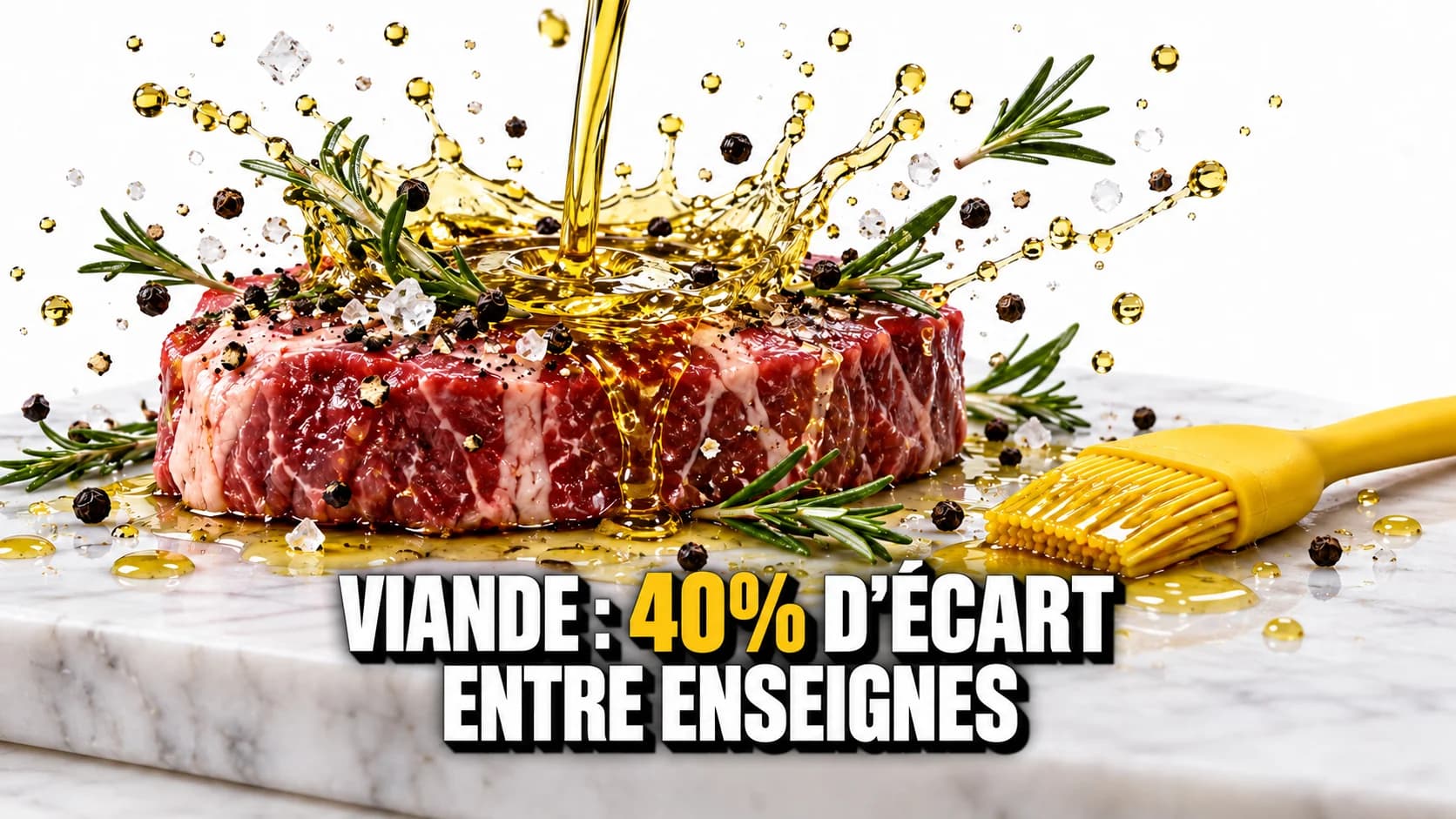 Steak cru sur marbre blanc avec éclaboussures d’huile, romarin et poivre.