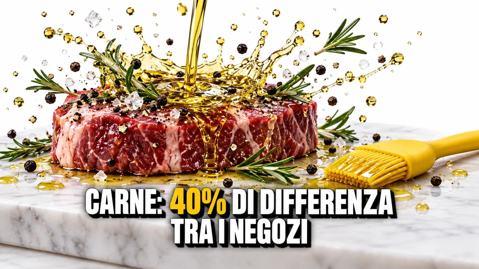 Bistecca cruda su marmo bianco con olio versato dall’alto che si apre in una corona di gocce, rosmarino e pepe in volo.