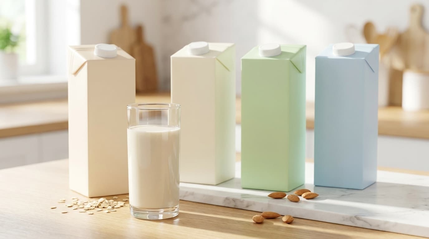 Assorted plant-based milk cartons and a glass of oat milk on a bright Swiss kitchen counter, comparing oat, soy, almond and rice drinks