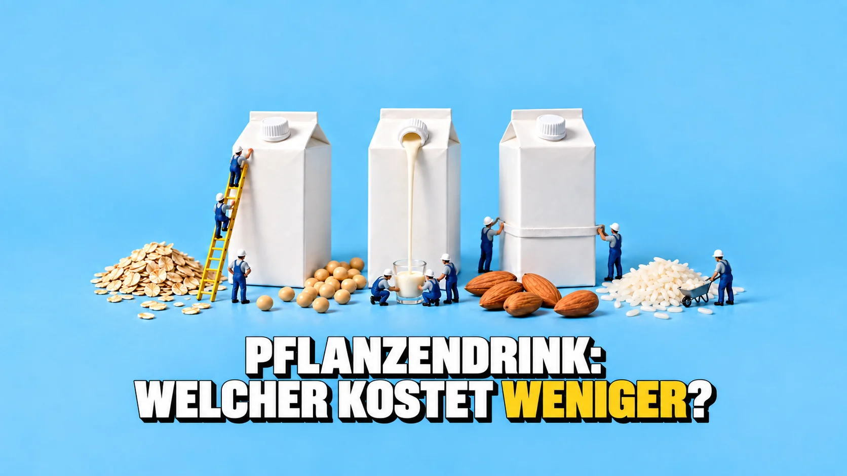 Drei weisse, markenlose Pflanzendrink-Packungen wie Silos, an denen winzige Figuren über eine gelbe Leiter hochklettern.