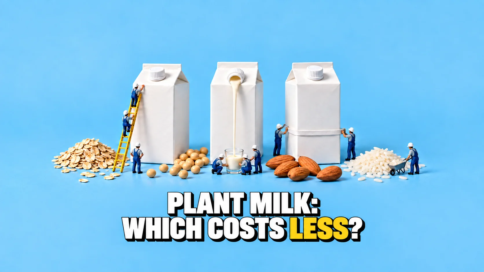Three blank white plant-drink cartons standing like silos while tiny figurines climb them on a yellow ladder.