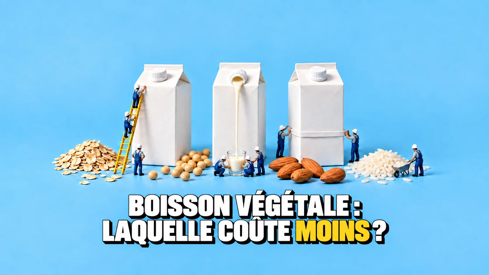 Trois briques de boisson végétale blanches et sans marque, hautes comme des silos, escaladées par de minuscules figurines sur une échelle jaune.