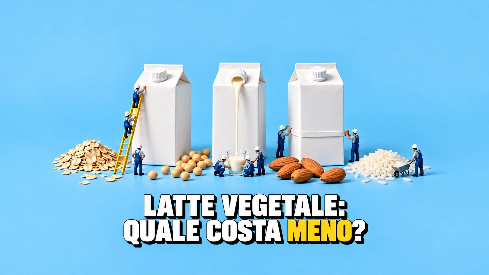 Tre cartoni di bevanda vegetale bianchi e senza marca, alti come silos, con minuscoli omini che li scalano su una scaletta gialla.