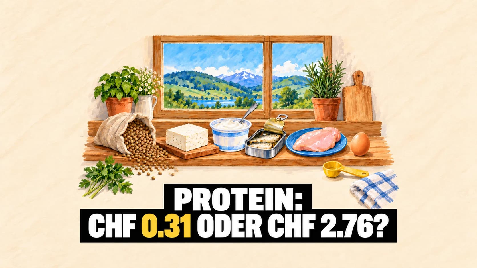 Gouache-Illustration eines Küchenregals mit Linsen, Tofu, Quark, einer offenen Dose, Pouletbrust und einem Ei vor einem Fenster mit Hügeln.