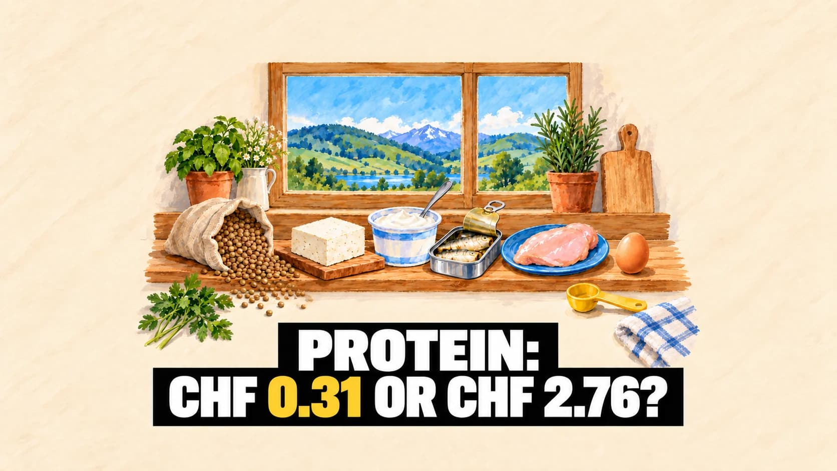 Gouache illustration of a kitchen shelf with lentils, tofu, quark, an open tin, chicken breast and an egg in front of a window onto green hills.