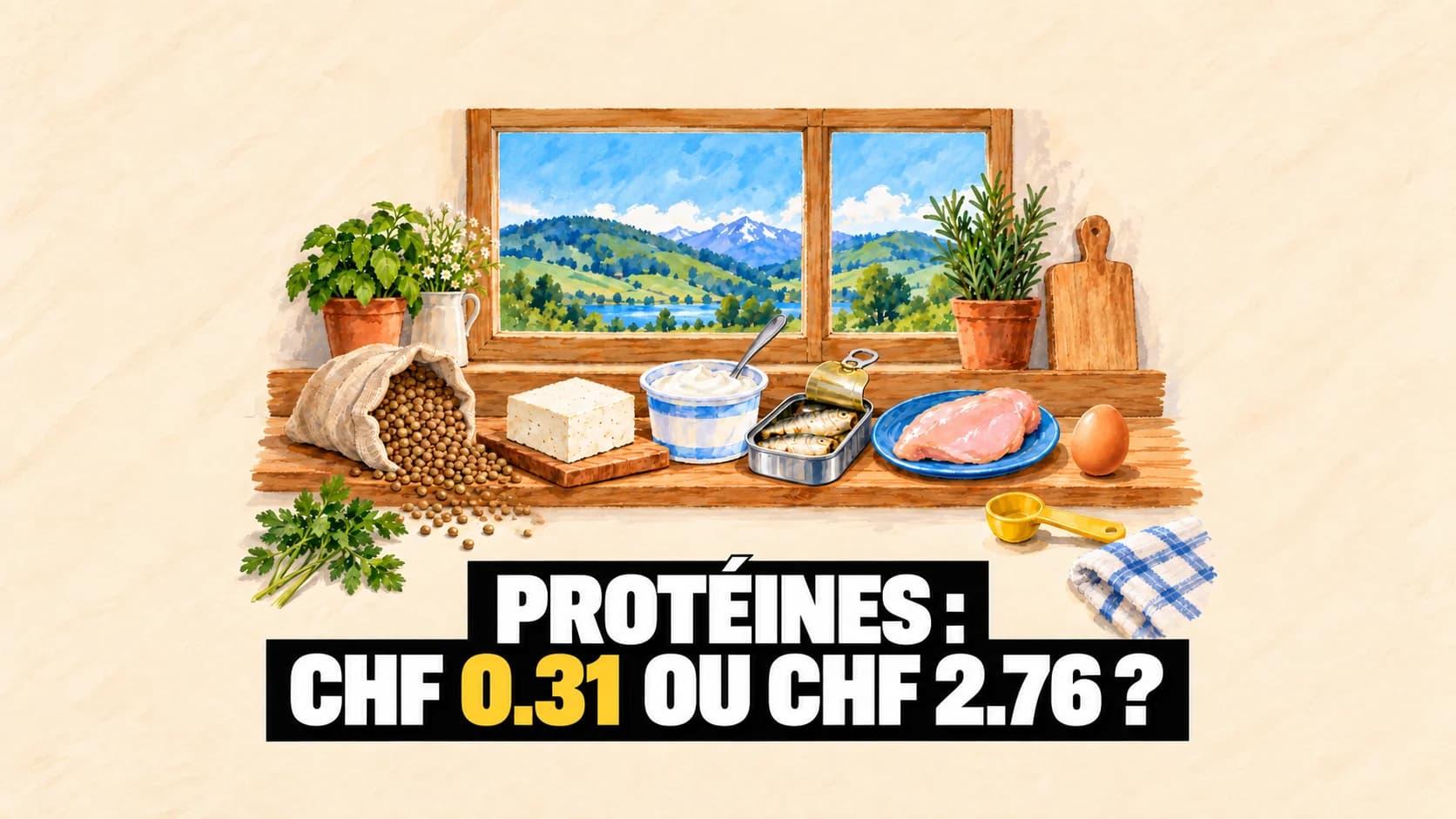 Illustration à la gouache d'une étagère où sont posés lentilles, tofu, séré, une boîte ouverte, un blanc de poulet et un oeuf, devant une fenêtre sur les collines.