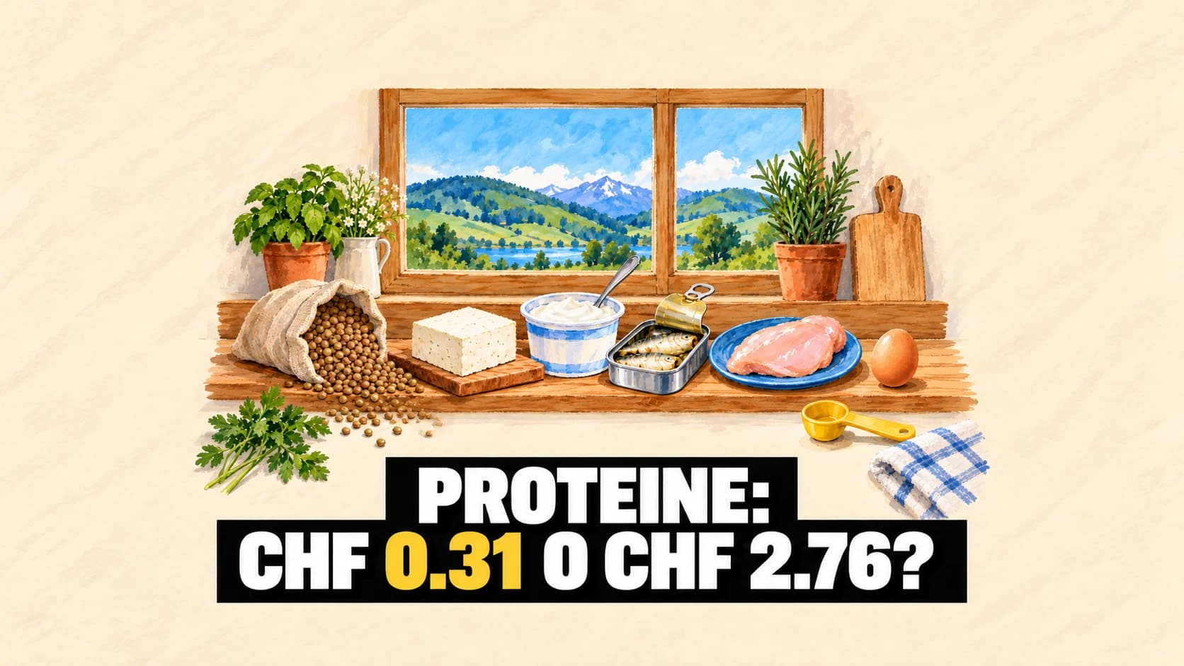 Illustrazione a gouache di una mensola con lenticchie, tofu, quark, una scatoletta aperta, petto di pollo e un uovo, davanti a una finestra sulle colline.