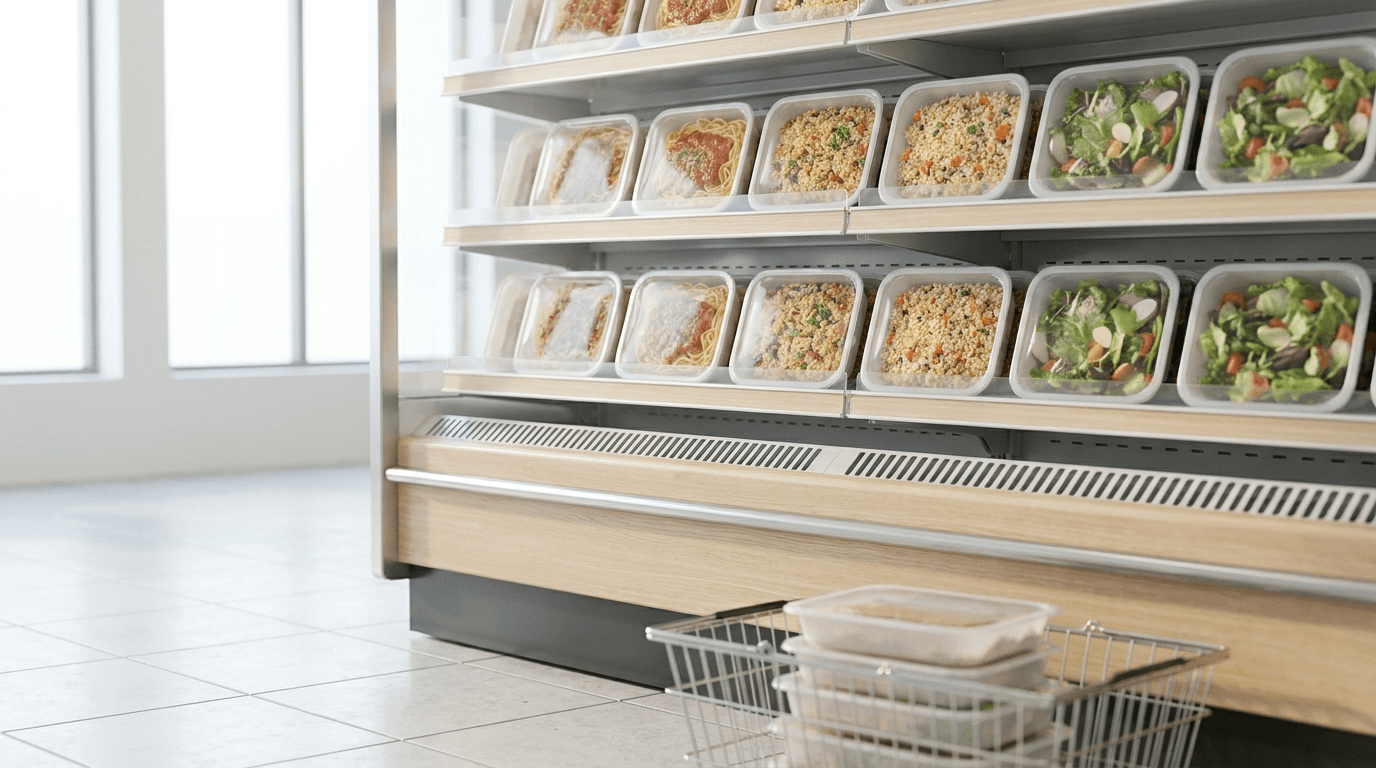 Chilled ready-meal packs and fresh convenience meals on a Swiss supermarket fridge shelf, with a few packs in a shopping basket