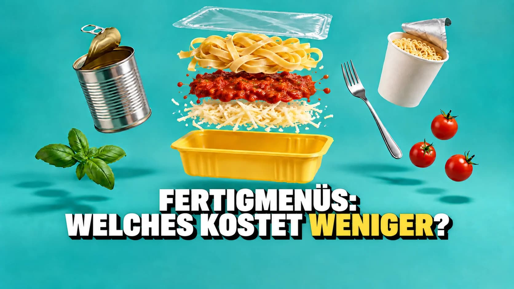 Fertiggericht in schwebenden Schichten, daneben eine neutrale Dose und ein Becher.