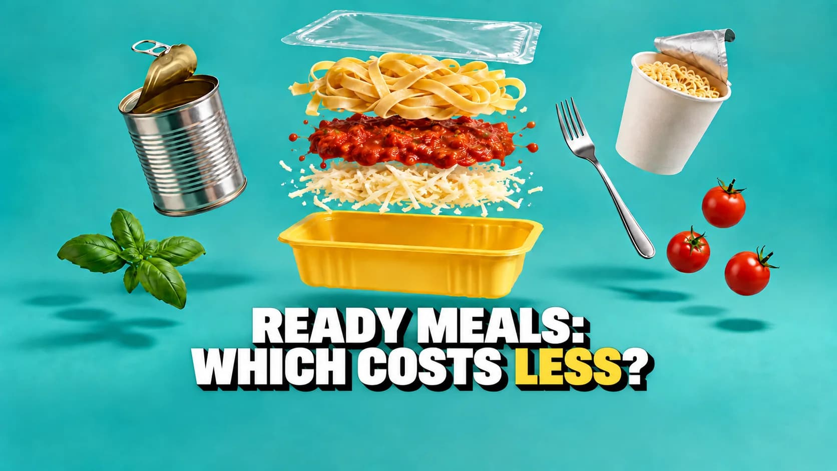 Prepared meal separated into floating layers beside an unlabelled tin and cup.