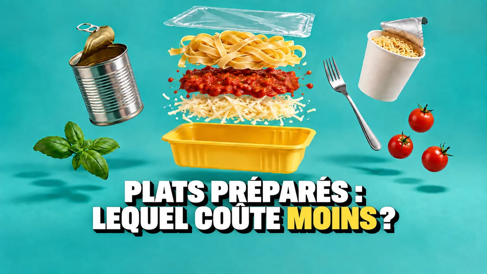 Plat préparé décomposé en couches flottantes, accompagné d’une boîte neutre et d’un gobelet.