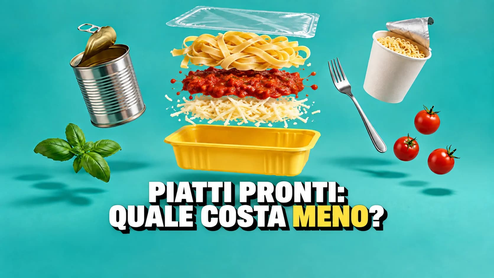 Un piatto preparato smontato a mezz’aria in strati sovrapposti, con una lattina senza etichetta e un bicchiere istantaneo che gli orbitano attorno su fondo verde acqua.